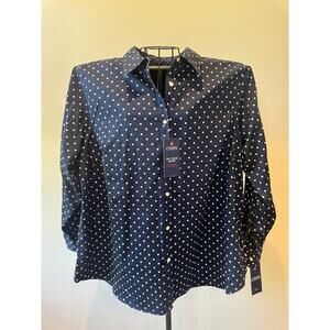 Chaps Polka Dot Button Down Shirt Womens 2X No Iron Navy White NWT